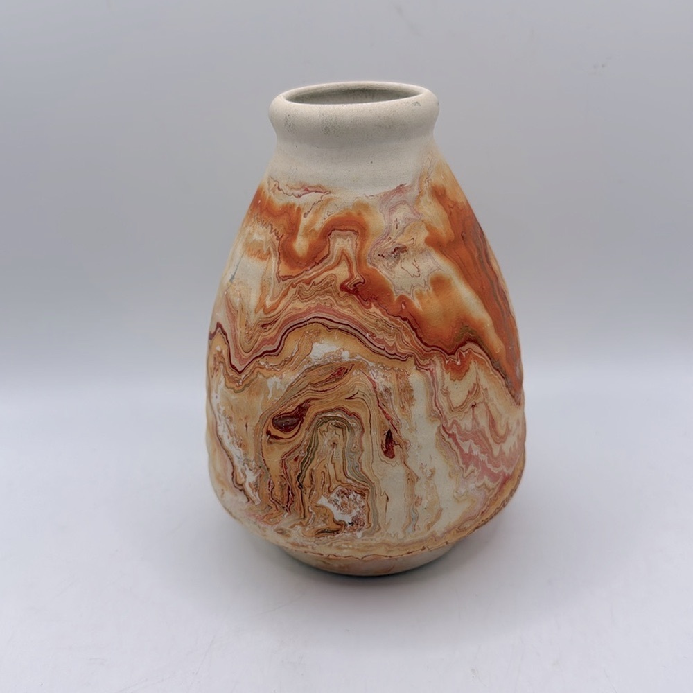 Vintage Nemadji Native Pottery Pot Vase Swirled Ribbed Orange Red USA Decor MCM